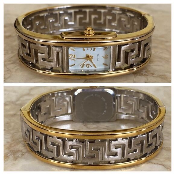 Greek Key Gold & Silver Tone Cuff Hinged Bangle Watch - Picture 1 of 12